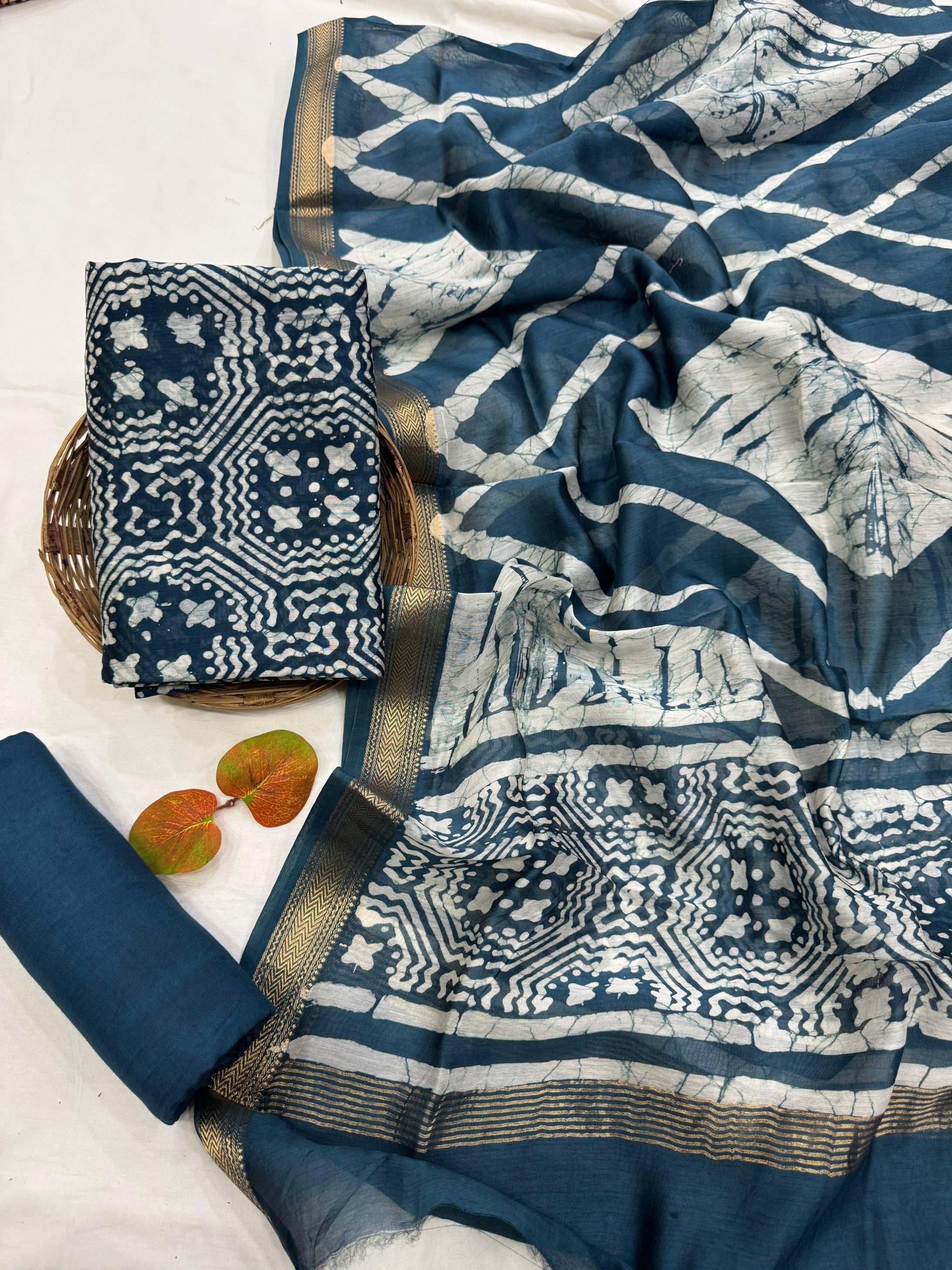 Maheshwari Silk Blue Motif Dress Material – Handwoven, traditional Indian silk for wholesale and boutique orders